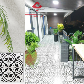 Gạch bông hoa hoa đen 4 cánh nền trắng